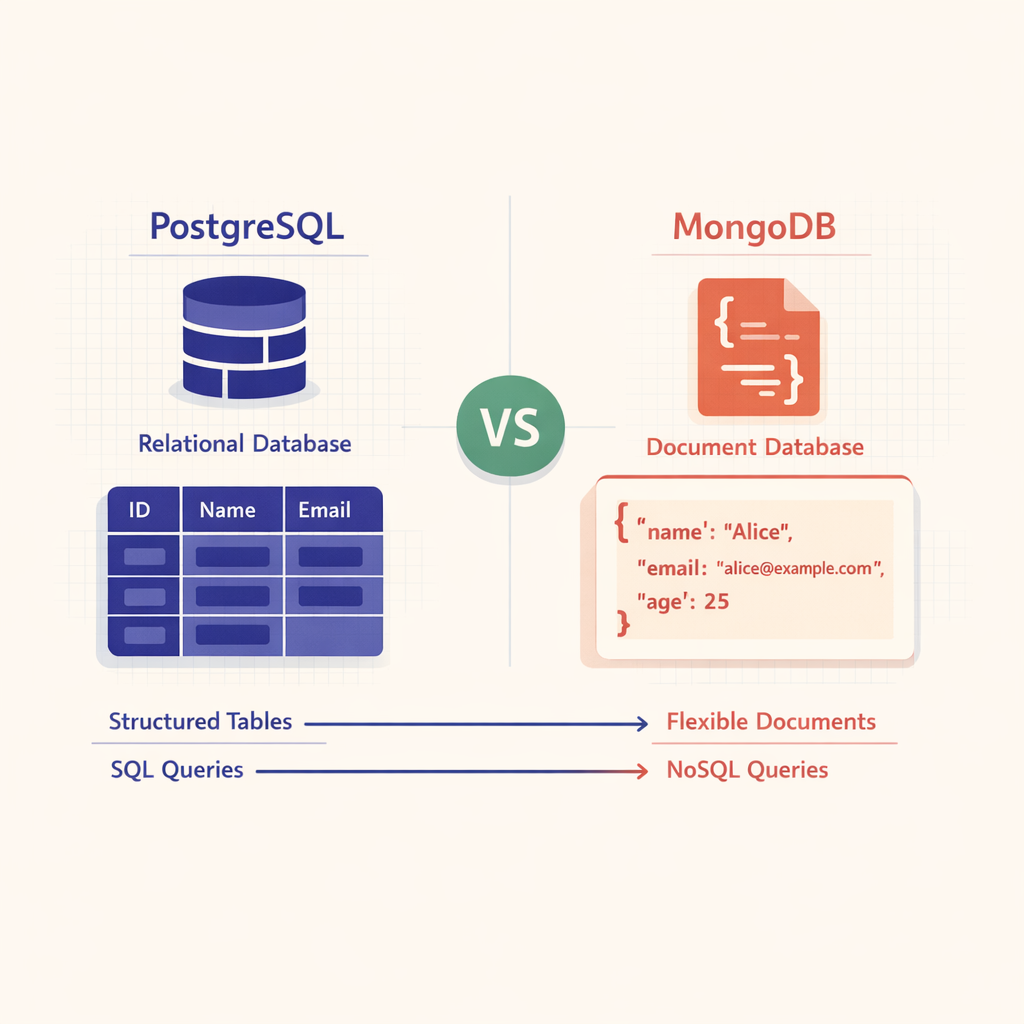 Diagram illustrating the core differences and data models in PostgreSQL and MongoDB